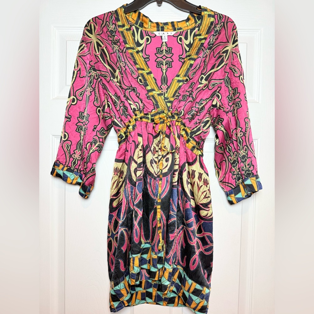 CAbi 100% Silk Tunic cover-up dress Size Large Pink Abstract Boho Empire Waist